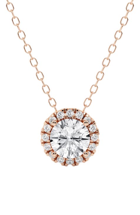 14K Gold Lab Created Diamond Round Halo Pendant Necklace - 0.85ct.