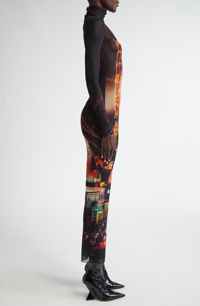 Jean Paul Gaultier City Print Long Sleeve Sheer Mesh Turtleneck Dress, Alternate, color, 
