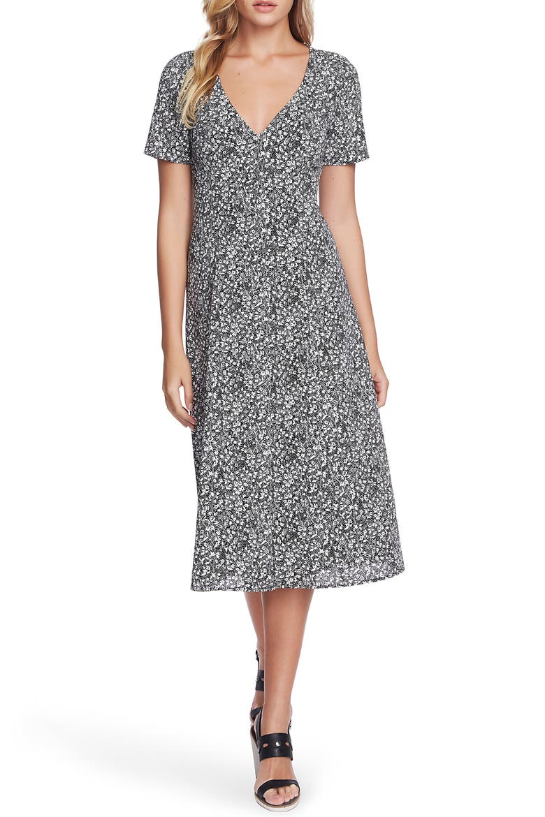 Floral Folk Silhouette Button Front Midi Dress, Main, color, RICH BLACK