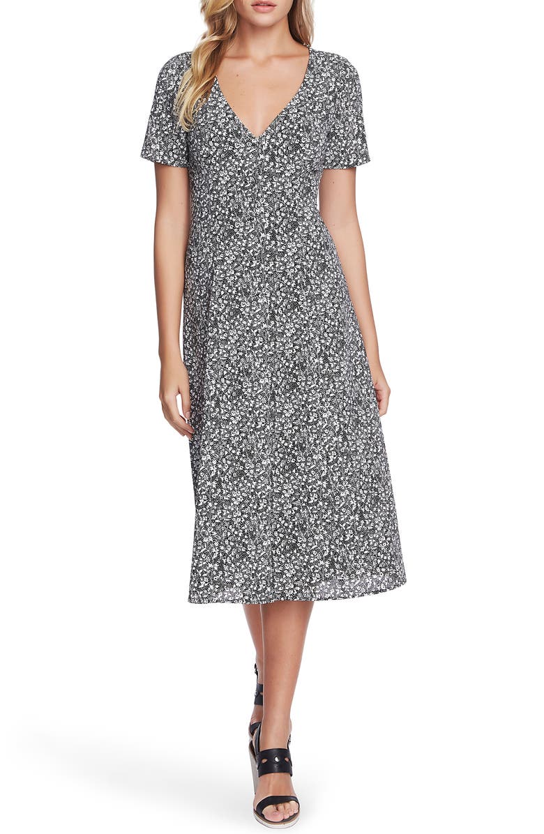 1.STATE Floral Folk Silhouette Button Front Midi Dress, Main, color, 