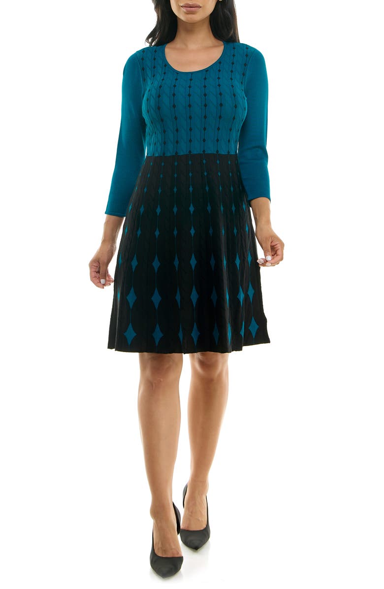 Nina Leonard Two-Tone Fit & Flare Sweater Dress, Main, color, Teal/ Black