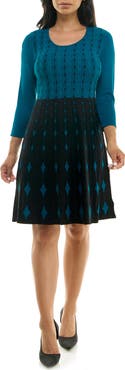 Nina Leonard Two-Tone Fit & Flare Sweater Dress
