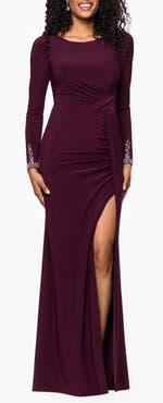 Betsy & Adam Embellished Cuff Ruched Long Sleeve Sheath Gown