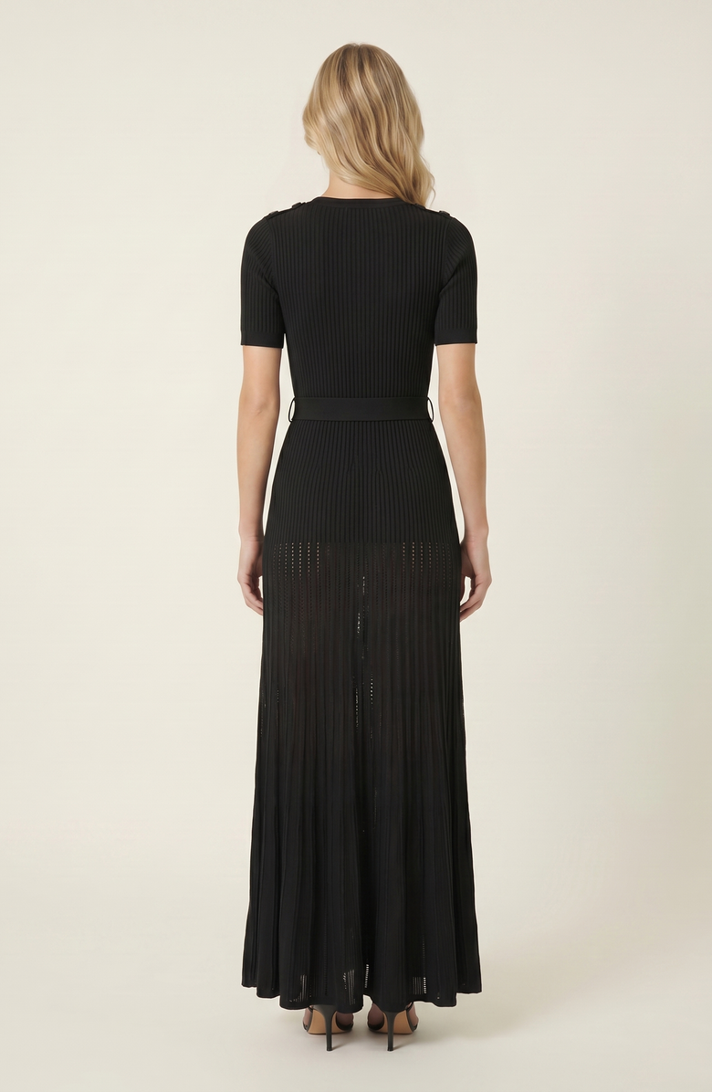 Modenaire Ribbed Knit Belted Waist Pleated Midi Dress, Alternate, color, Black