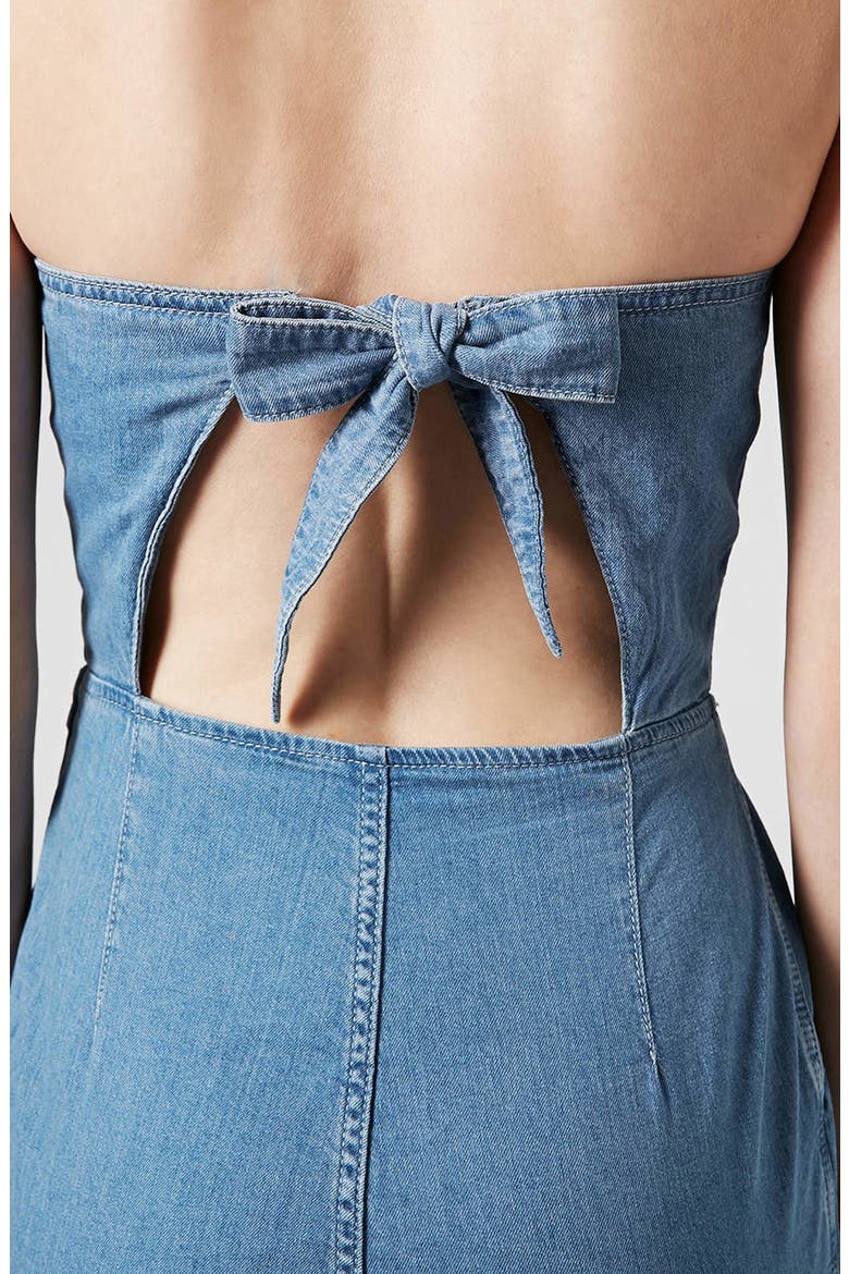 Moto Bandeau Denim Romper, Alternate, color, LIGHT DENIM