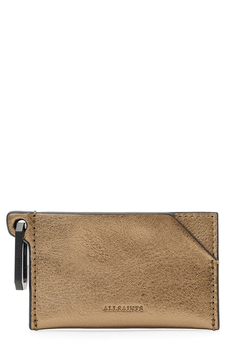 AllSaints Hex Metallic Leather Cardholder, Main, color, Warm Brass