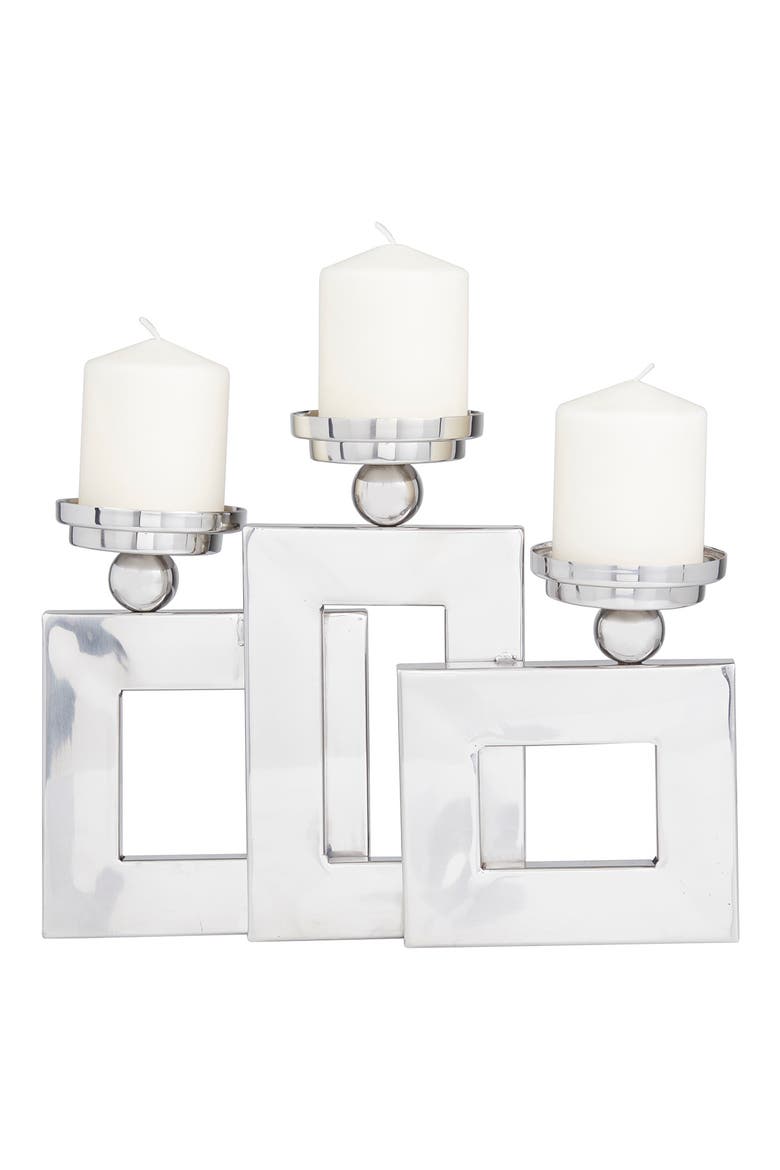 Silvertone Stainless Steel Pillar 3 Plate Candle Holder, Main, color, SILVER