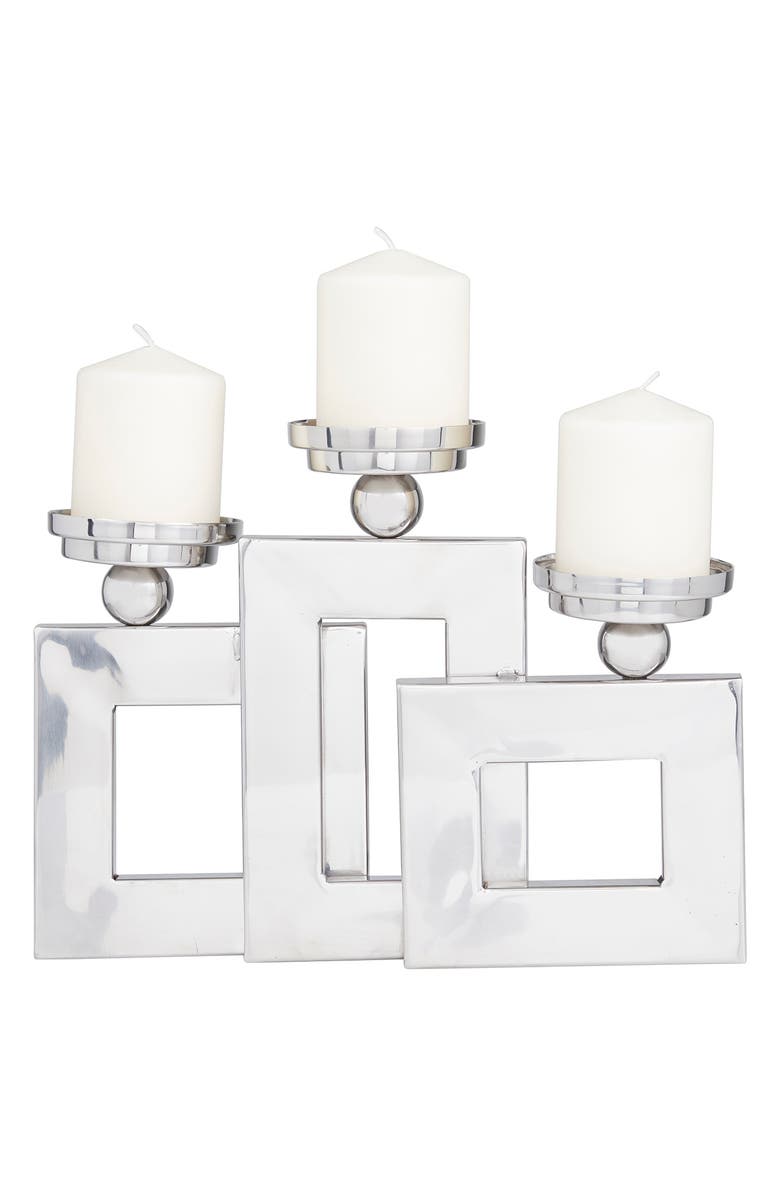 VIVIAN LUNE HOME Silvertone Stainless Steel Pillar 3 Plate Candle Holder, Main, color, Silver
