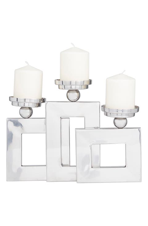 Silvertone Stainless Steel Pillar 3 Plate Candle Holder