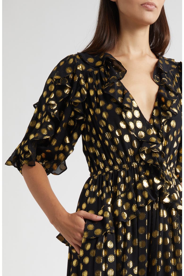 Tida Metallic Dot Silk Blend Dress, Alternate, color, OBSIDIAN