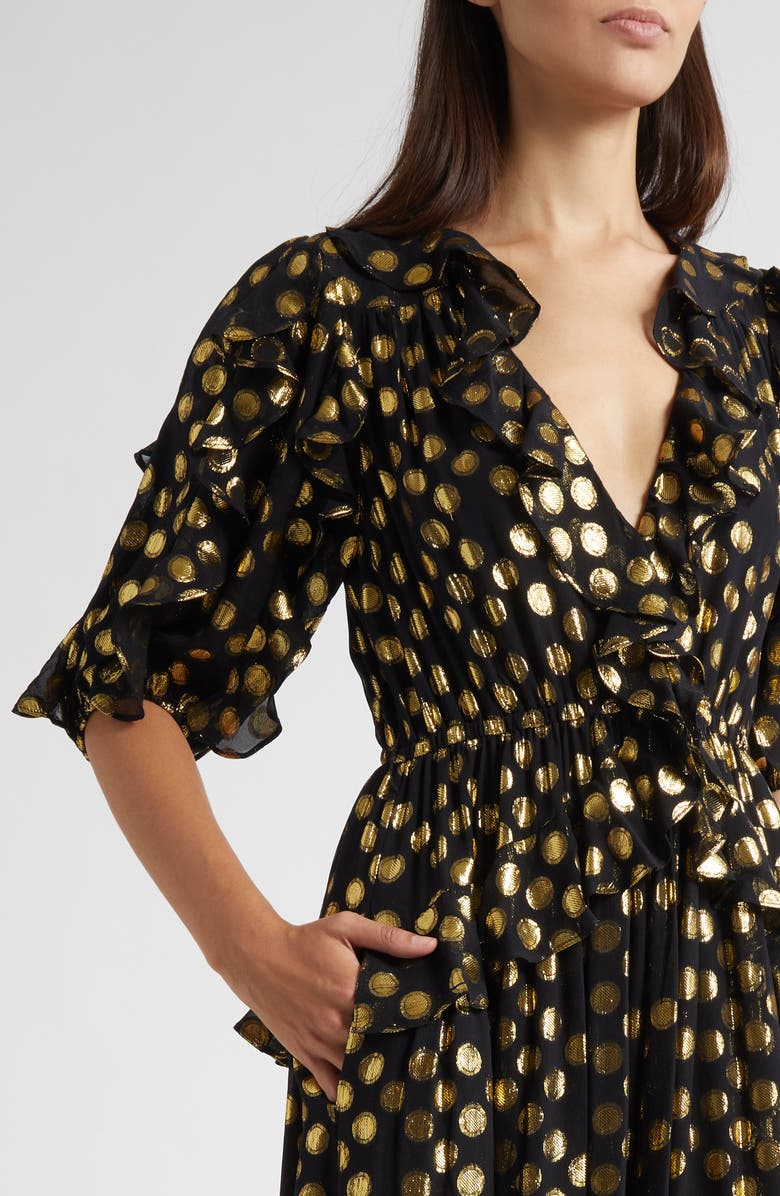 Ulla Johnson Tida Metallic Dot Silk Blend Dress, Alternate, color, Obsidian