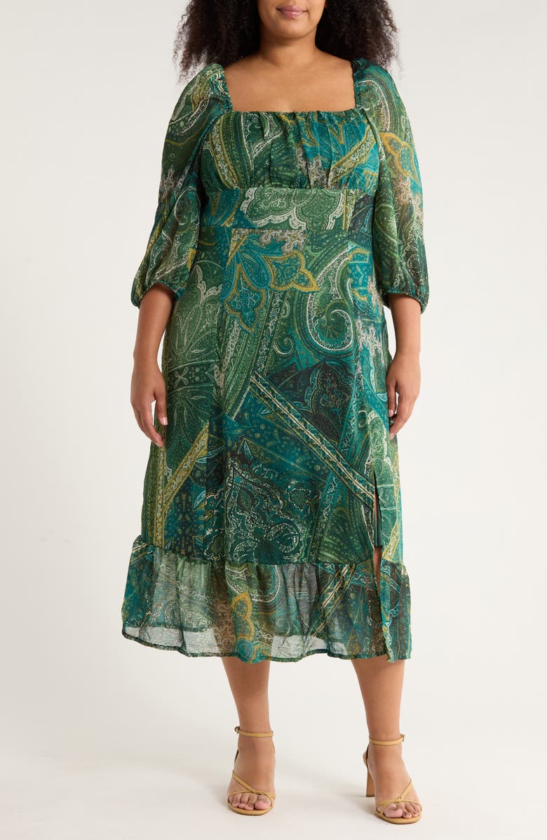 London Times Square Neck Long Sleeve Maxi Dress, Main, color, Green Blue