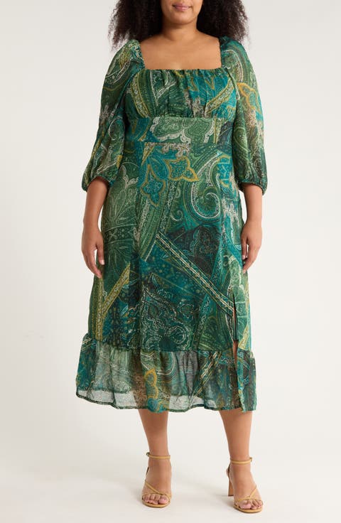 Square Neck Long Sleeve Maxi Dress (Plus)