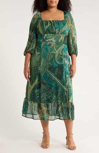 London Times Square Neck Long Sleeve Maxi Dress