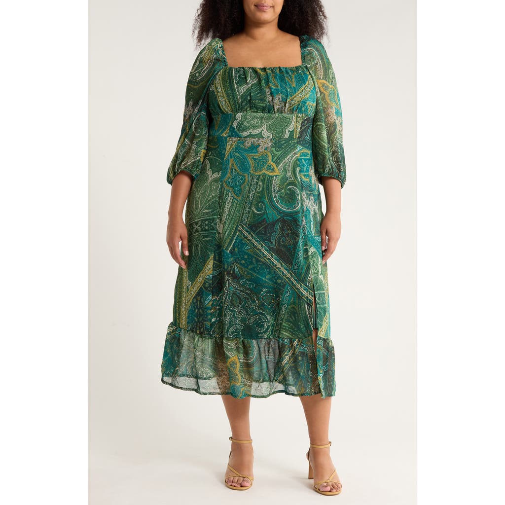 London Times Square Neck Long Sleeve Maxi Dress In Multi