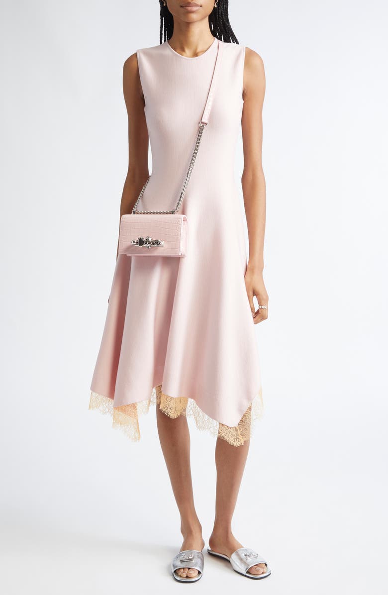 McQueen Lace Trim Asymmetric Wool Blend Knit Dress, Alternate, color, Rose/ Peach