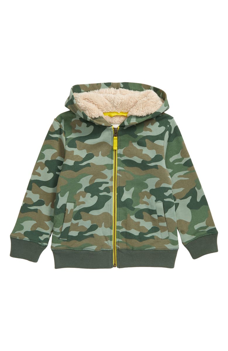 Mini Boden Camo Fleece Lined Full Zip Hoodie, Main, color, 