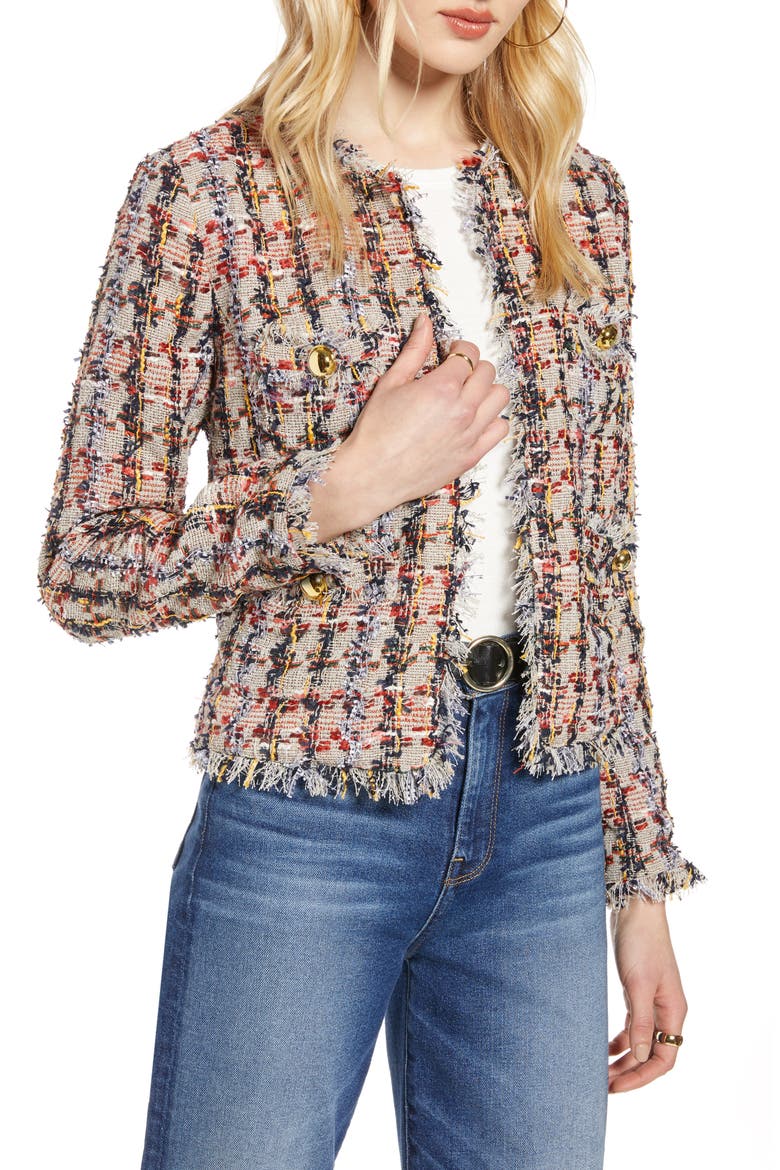 Raw Edge Cotton Blend Tweed Jacket, Main, color, TAN MULTI TWEED