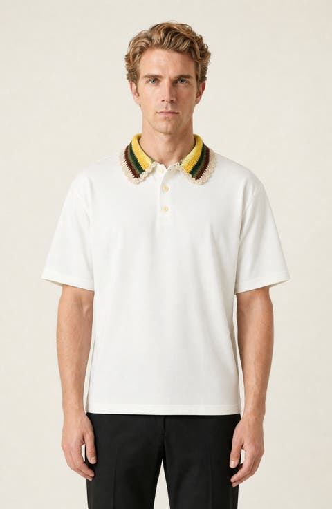 Crochet Collar Short Sleeve Polo Shirt with Button Placket