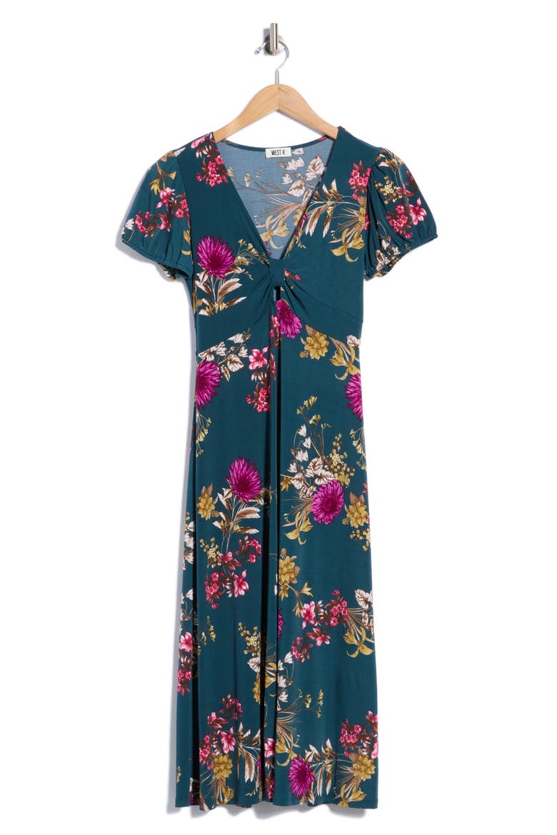 Floral Print Keyhole Midi Dress, Alternate, color, TEAL FLORAL