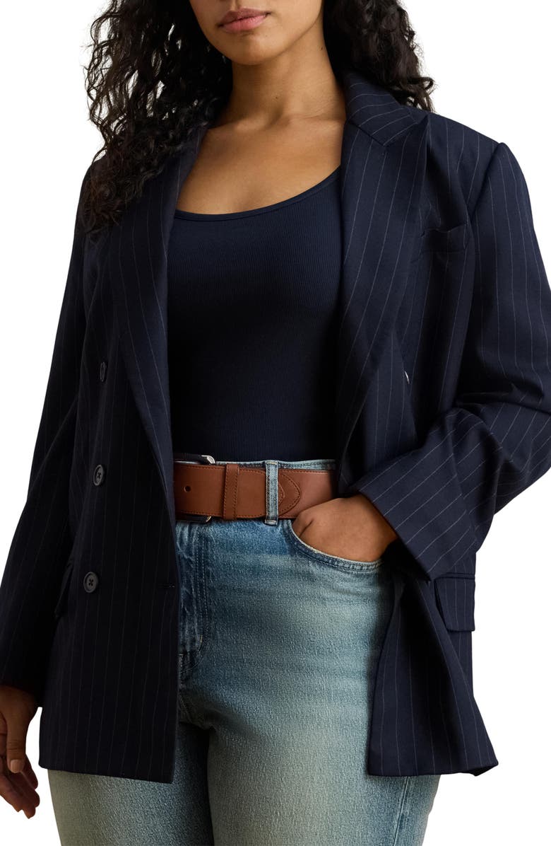 Lauren Ralph Lauren Double Breasted Twill Blazer, Main, color, Navy/ Cream