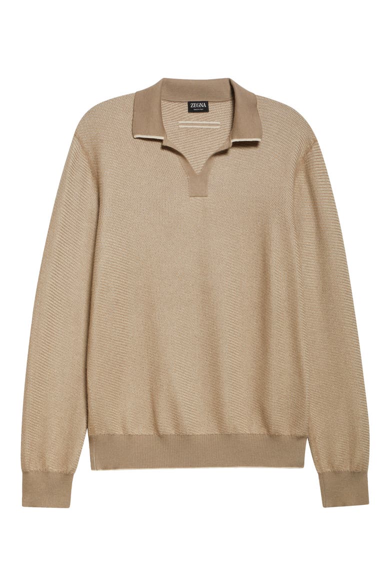 Long Sleeve Silk & Cashmere Polo Sweater, Main, color, MED BEIGE FAN
