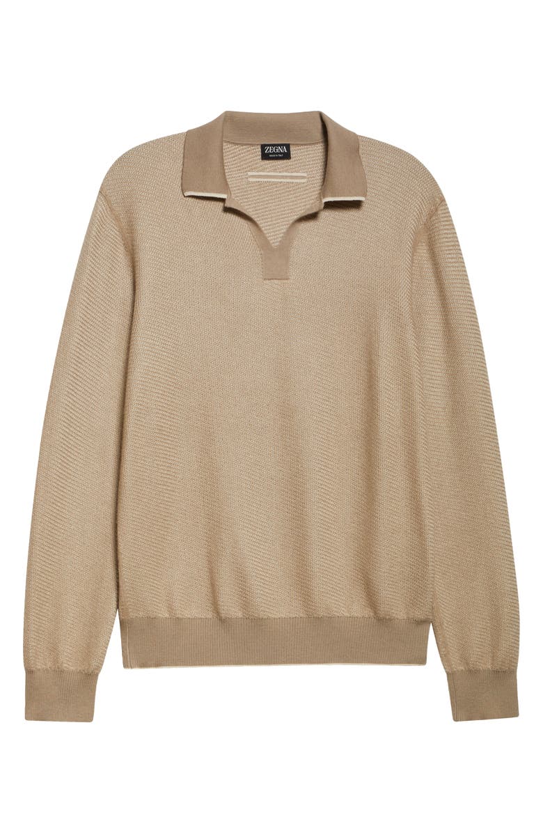 ZEGNA Long Sleeve Silk & Cashmere Polo Sweater, Main, color, Med Beige Fan