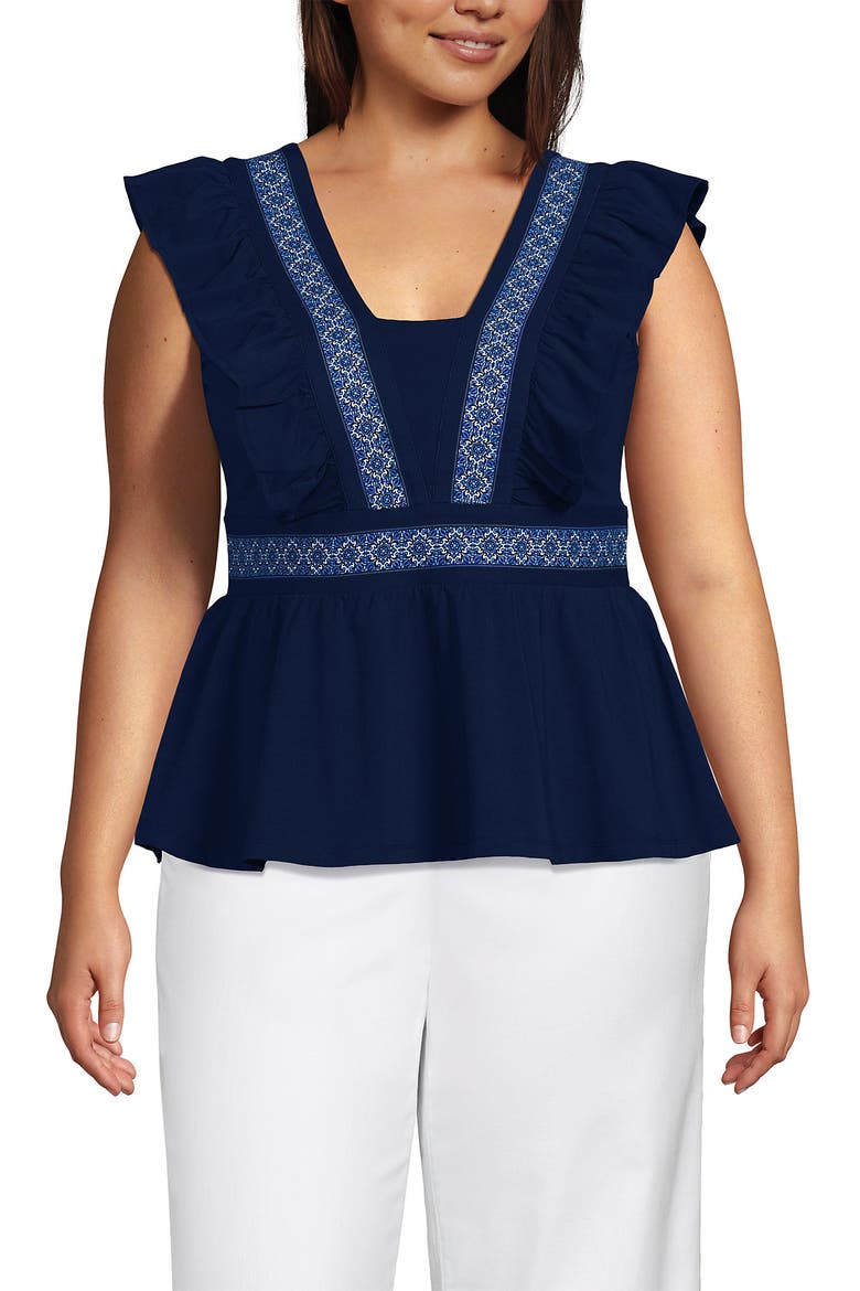Lightweight Jersey Ruffle Peplum Top, Main, color, Deep Sea Mosaic Tile Border