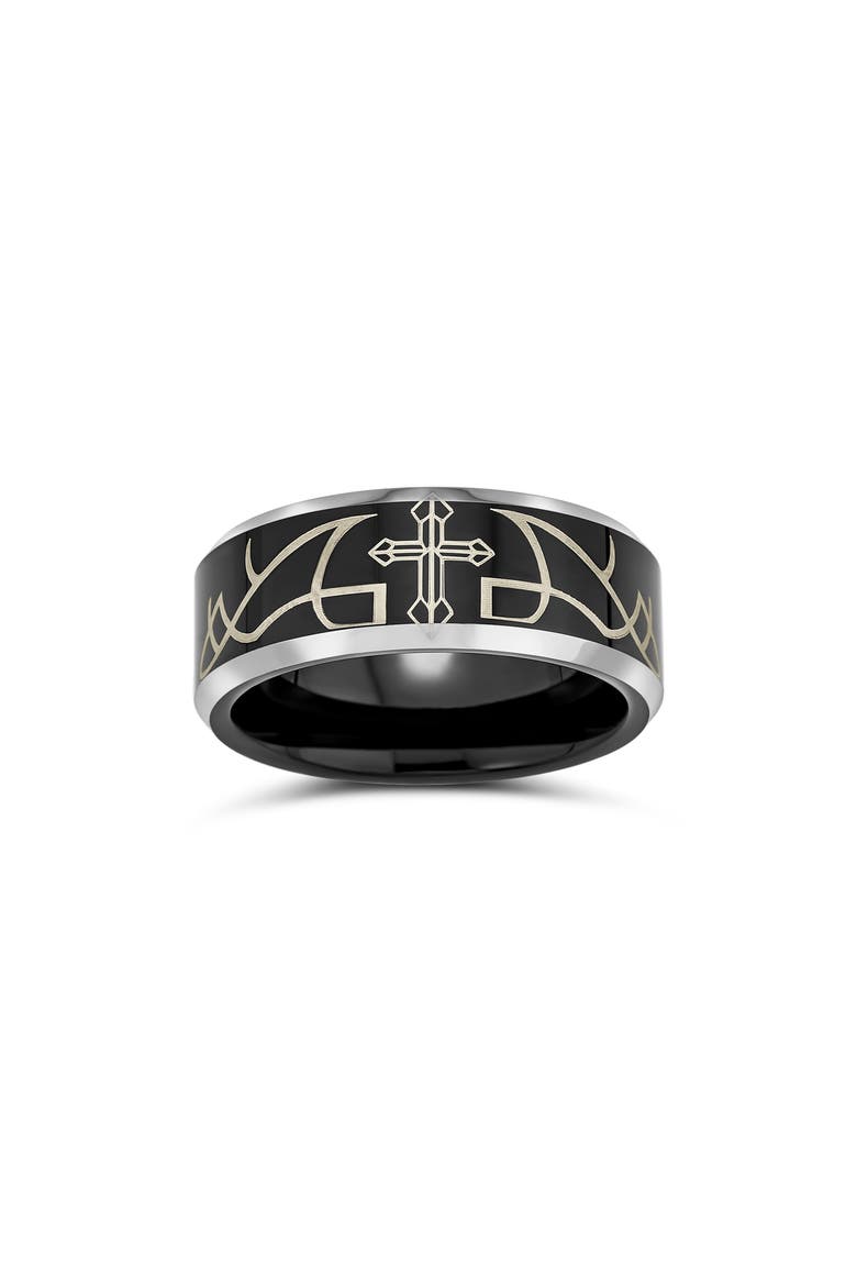 Men's Laser Etched Black Titanium Cross Ring, Alternate, color, BLACK