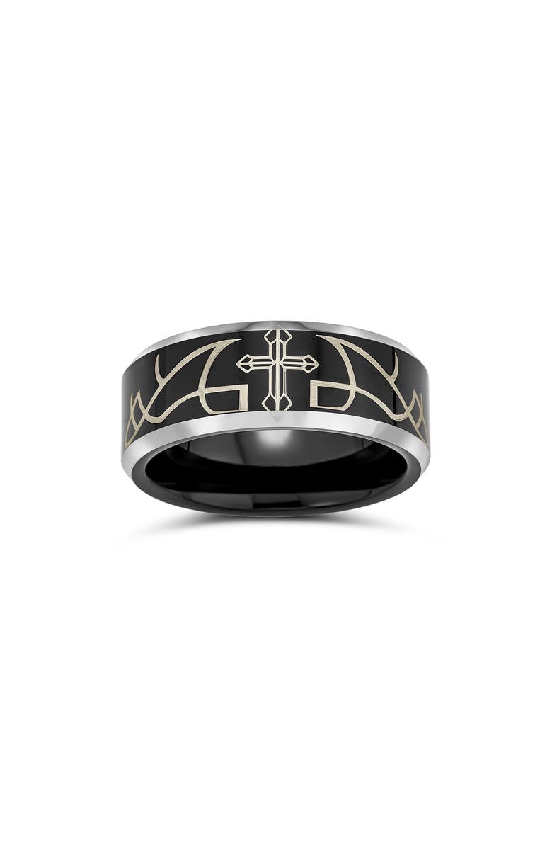 BLING JEWELRY Men's Laser Etched Black Titanium Cross Ring, Alternate, color, Black