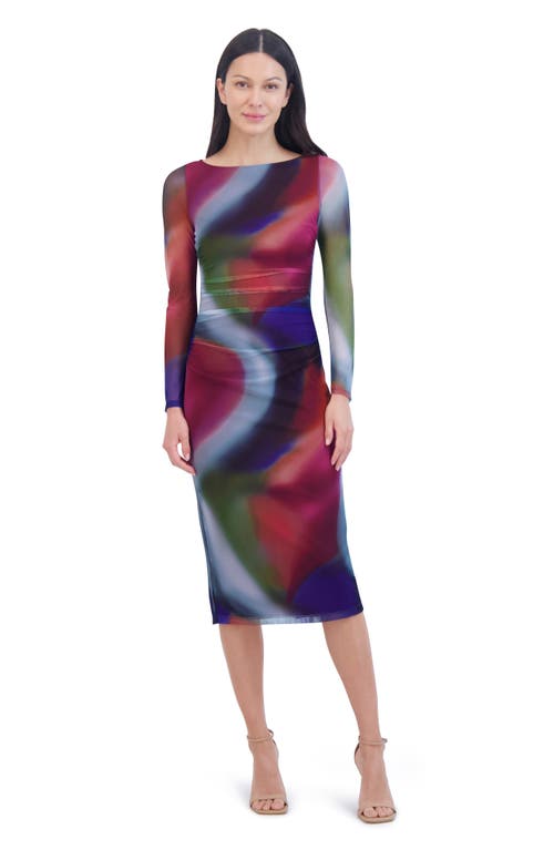 Vince Camuto Ruched Long Sleeve Mesh Midi Dress In Multi