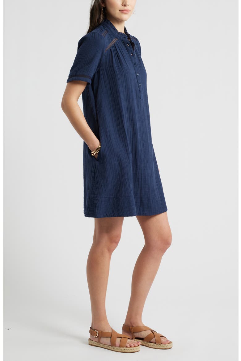 Ruffle Embroidered Inset Cotton Shift Dress, Alternate, color, NAVY STILL