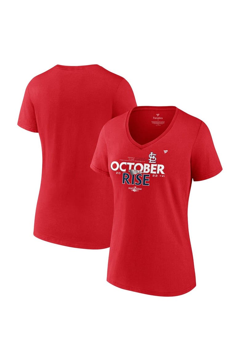 Women's Fanatics Branded Red St. Louis Cardinals 2022 Postseason Locker Room V-Neck T-Shirt, Main, color, Red