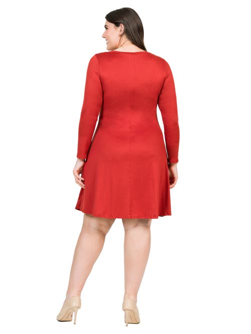 24seven Comfort Apparel Plus Size Classic Long Sleeve  Flared Mini Dress In Brown