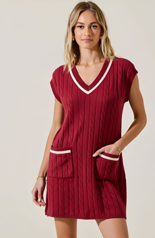 Modenaire Cable-knit Mini Sweater Dress With Pockets In Burgundy