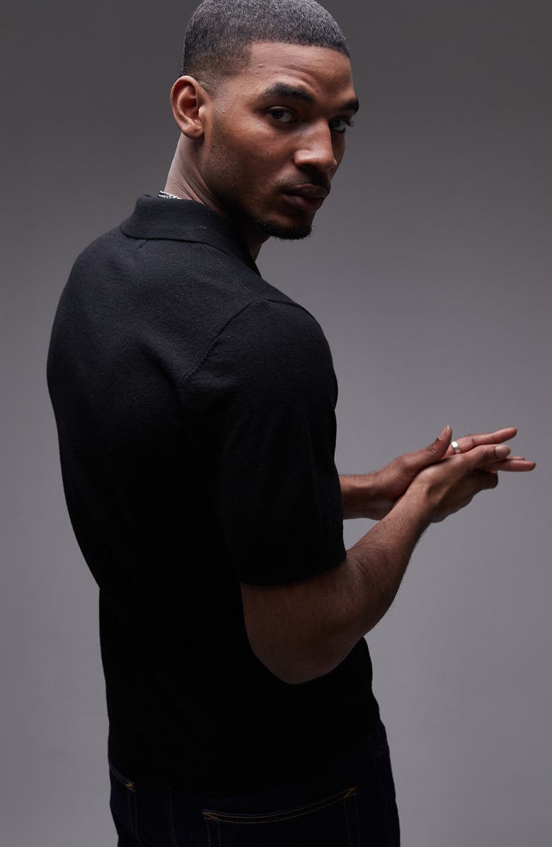 Topman Solid Black Notched Johnny Collar Polo, Alternate, color, 