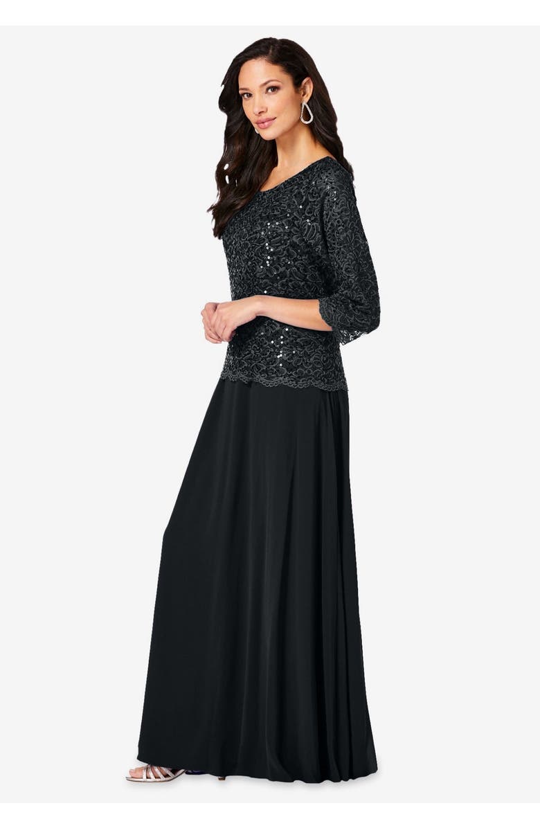 Roaman's Plus Size Sequin Lace Three Quarter Sleeve A-Line Gown, Alternate, color, Black