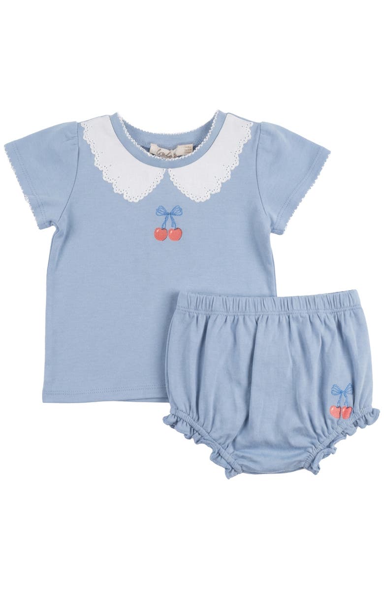 LOLA Cherry Print Two Piece Short Sleeve Top and Bloomers Set, Main, color, Stone Blue