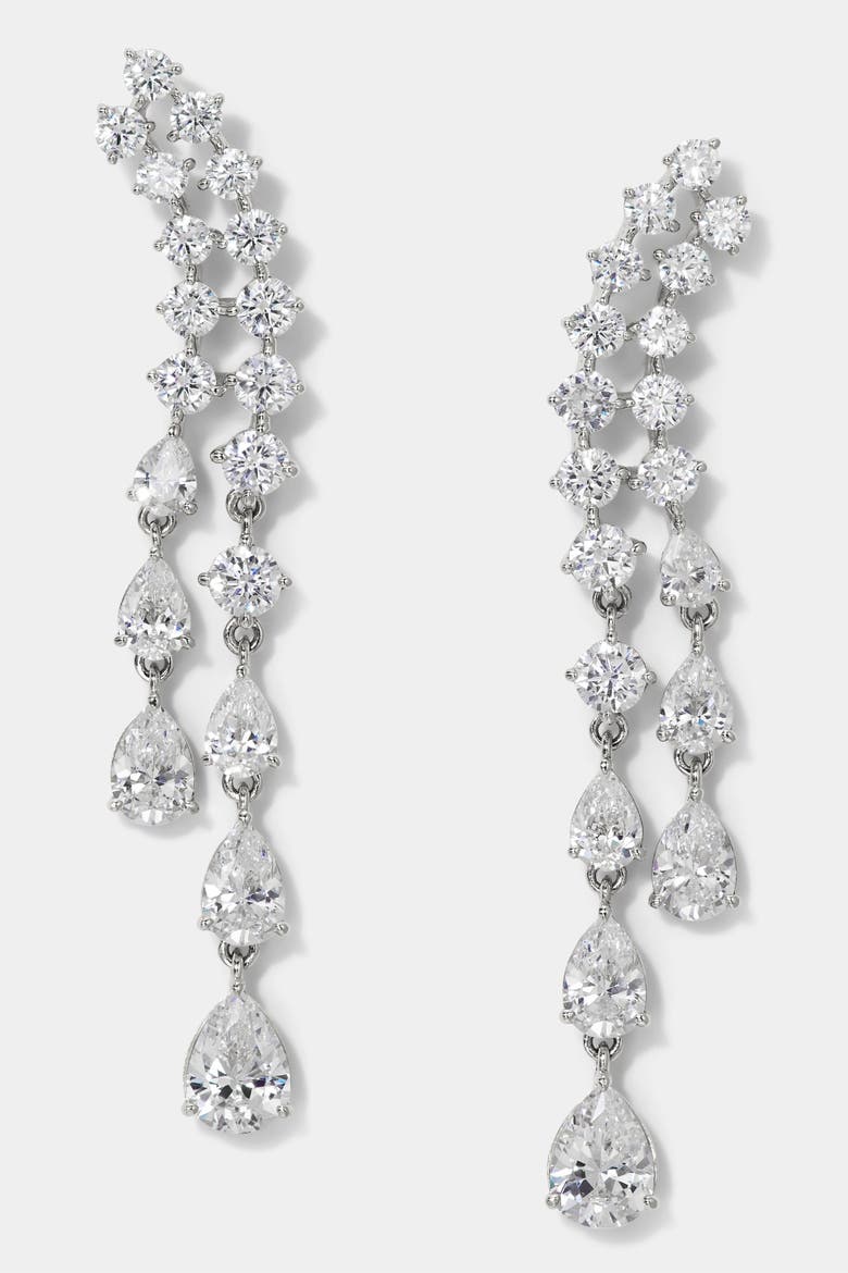 Willow CZ Double Drop Linear Post Climber Earrings, Main, color, Rhodium