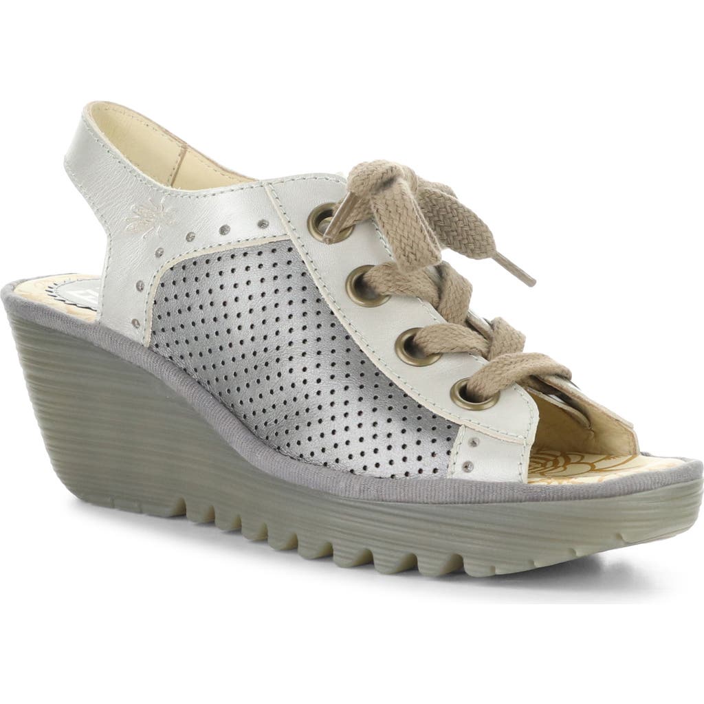 Shop Fly London 'yuta' Platform Wedge Sandal In 018 Silver/plomo