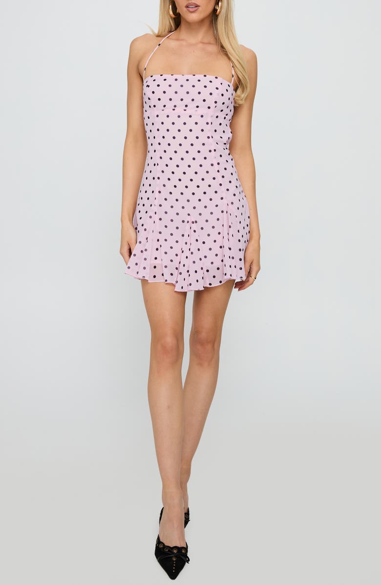 Princess Polly Delamere Polka Dot Halter Minidress, Main, color, Pink / Black Polka