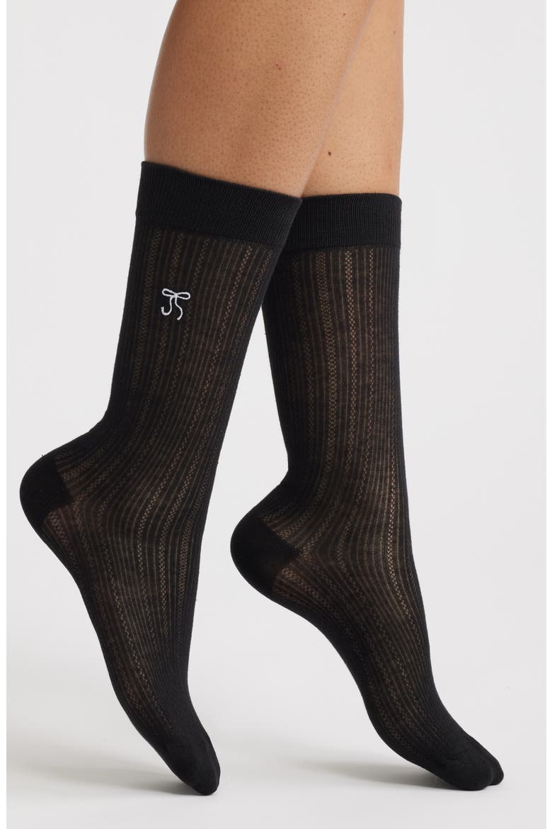 Kate Pointelle Bow Crew Socks, Main, color, BLACK