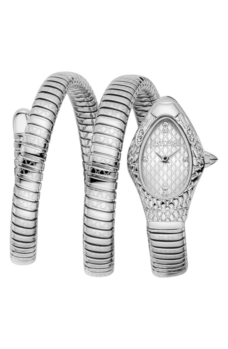 Just Cavalli Snake Vetra Wraparound Silvertone Bracelet Watch, 20mm x 34.5mm, Main, color, Silver