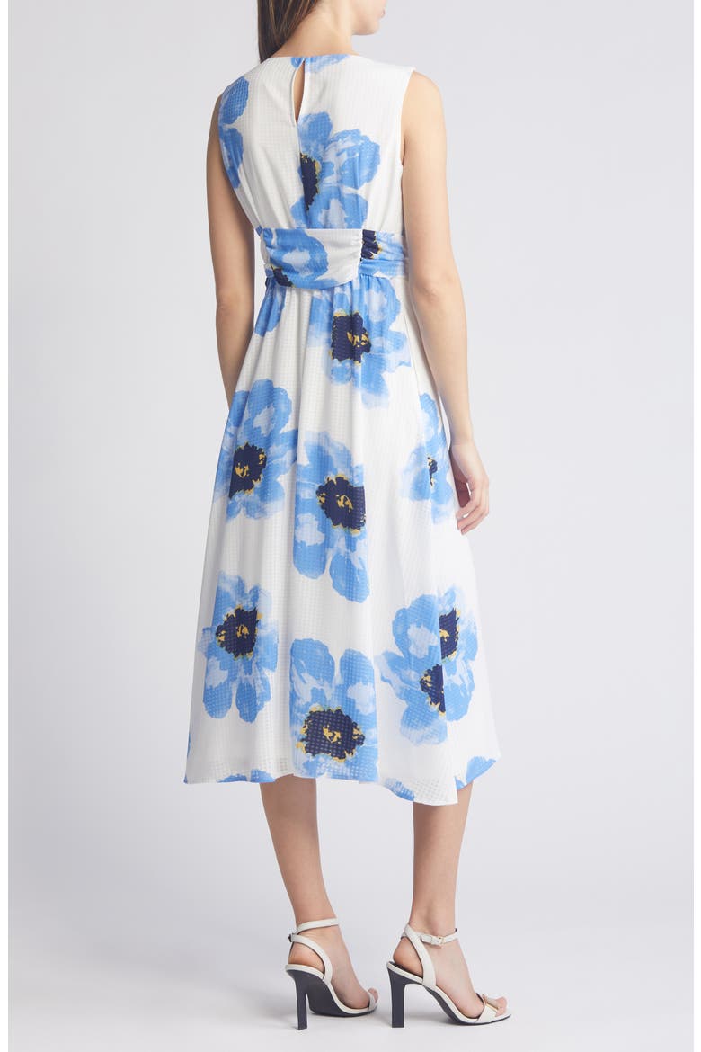Floral Tie Belt Midi Dress, Alternate, color, BRIGHT WHITE/ SHORE BLUE