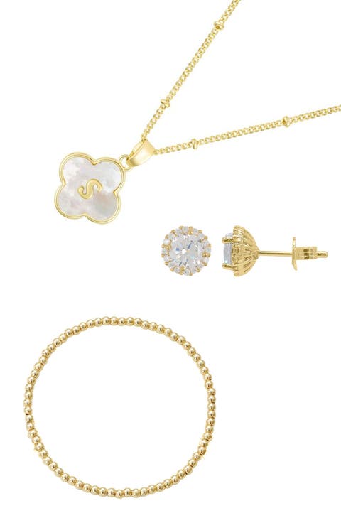 3-Piece Initial Mother-of-Pearl & Cubic Zirconia Jewelry Set