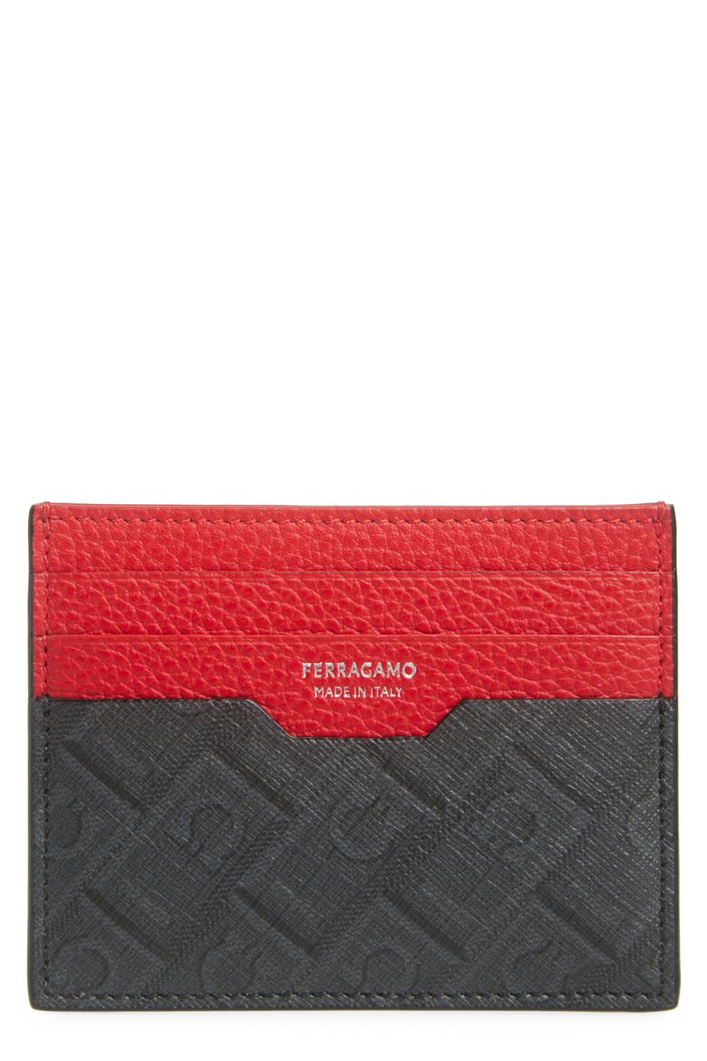 Gancio Monogram Leather Card Case, Main, color, NERO/ GRIGIO FLAME RED