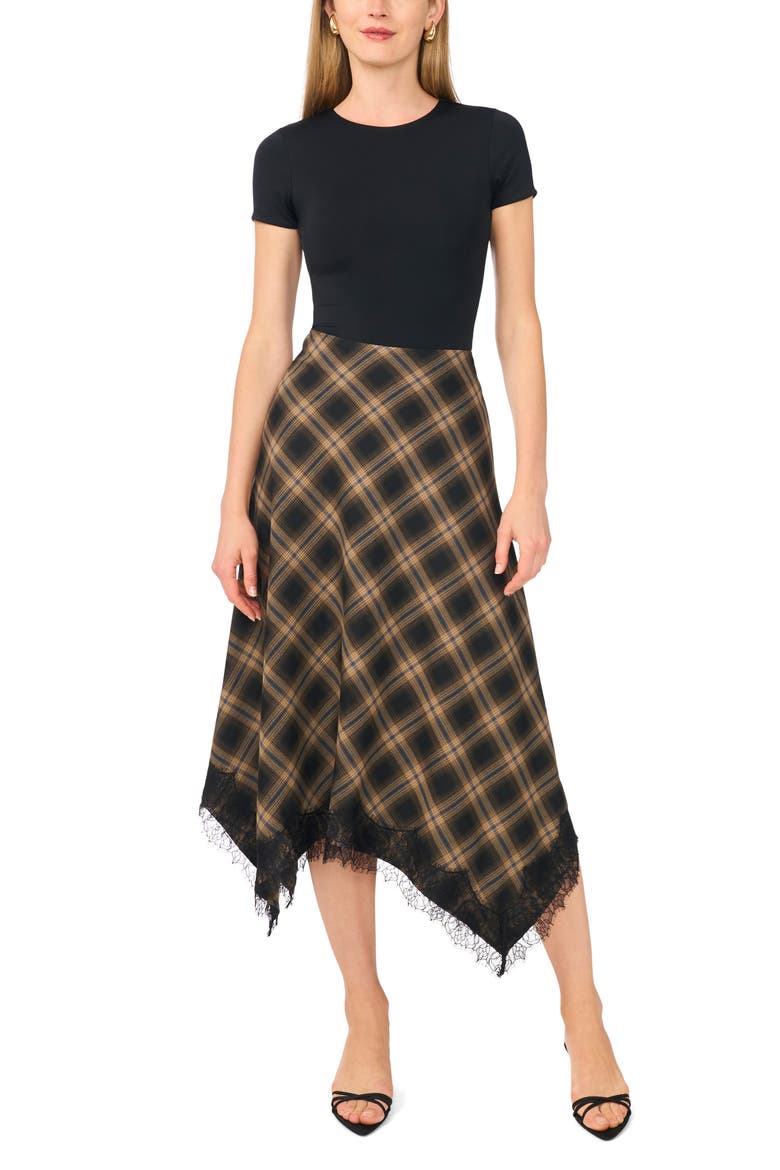 Plaid Lace Trim Asymmetric Midi Skirt, Alternate, color, RICH BLACK