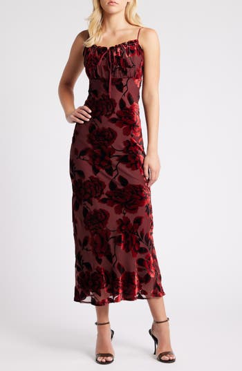 Rare London Devore Floral Tie Front Chiffon Maxi Dress In Burgundy
