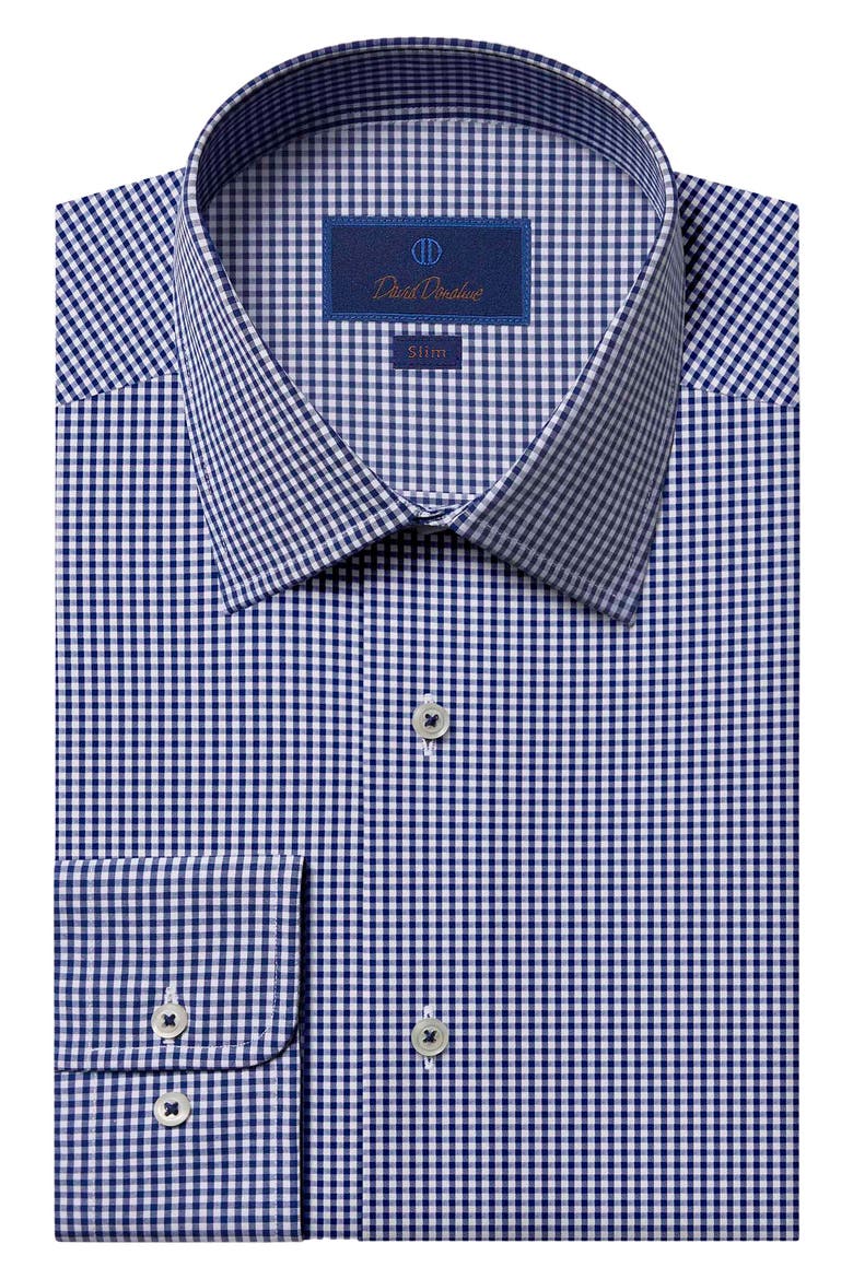 Slim Fit Gingham Barrel Cuff Dress Shirt, Main, color, NAVY