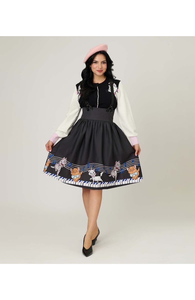 Unique Vintage Suspender Swing Skirt, Main, color, Black Piano Cats Print